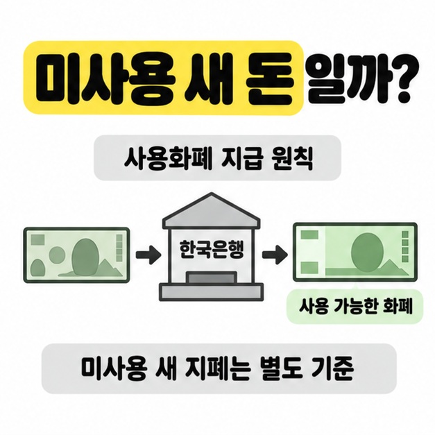 구형 지폐가 한국은행을 거쳐 사용 가능한 화폐로 바뀌는 흐름에 사용화폐 지급 원칙과 미사용 새 지폐는 별도 기준임을 표시한 도식