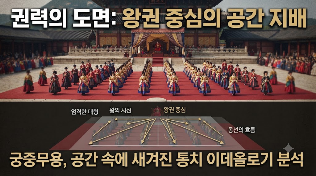 오색 비단 휘장과 붉은 멍석 위에 그려진 권력의 도면: 전통 궁중무용(정재)의 엄격한 대형과 동선 속에 내재된 왕권 중심의 공간 지배 이데올로기 분석