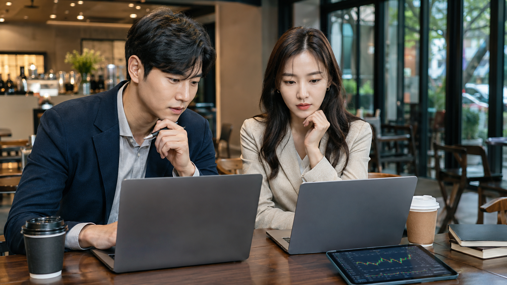 세련된 카페에서 한국인 남녀가 노트북을 보며 반도체 관련 주식과 시장 데이터를 분석하는 모습