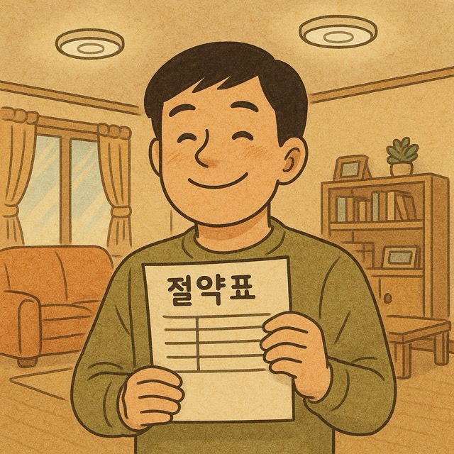 집안 조명이 모두 LED로 바뀐 후 절약표를 들고 뿌듯해하는 1인가구