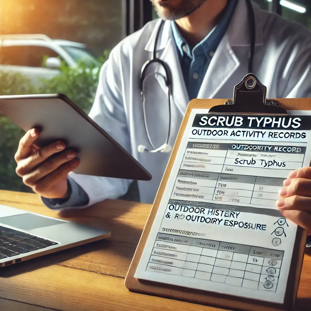 의사가 환자의 병력과 야외 활동 기록을 검토하는 모습