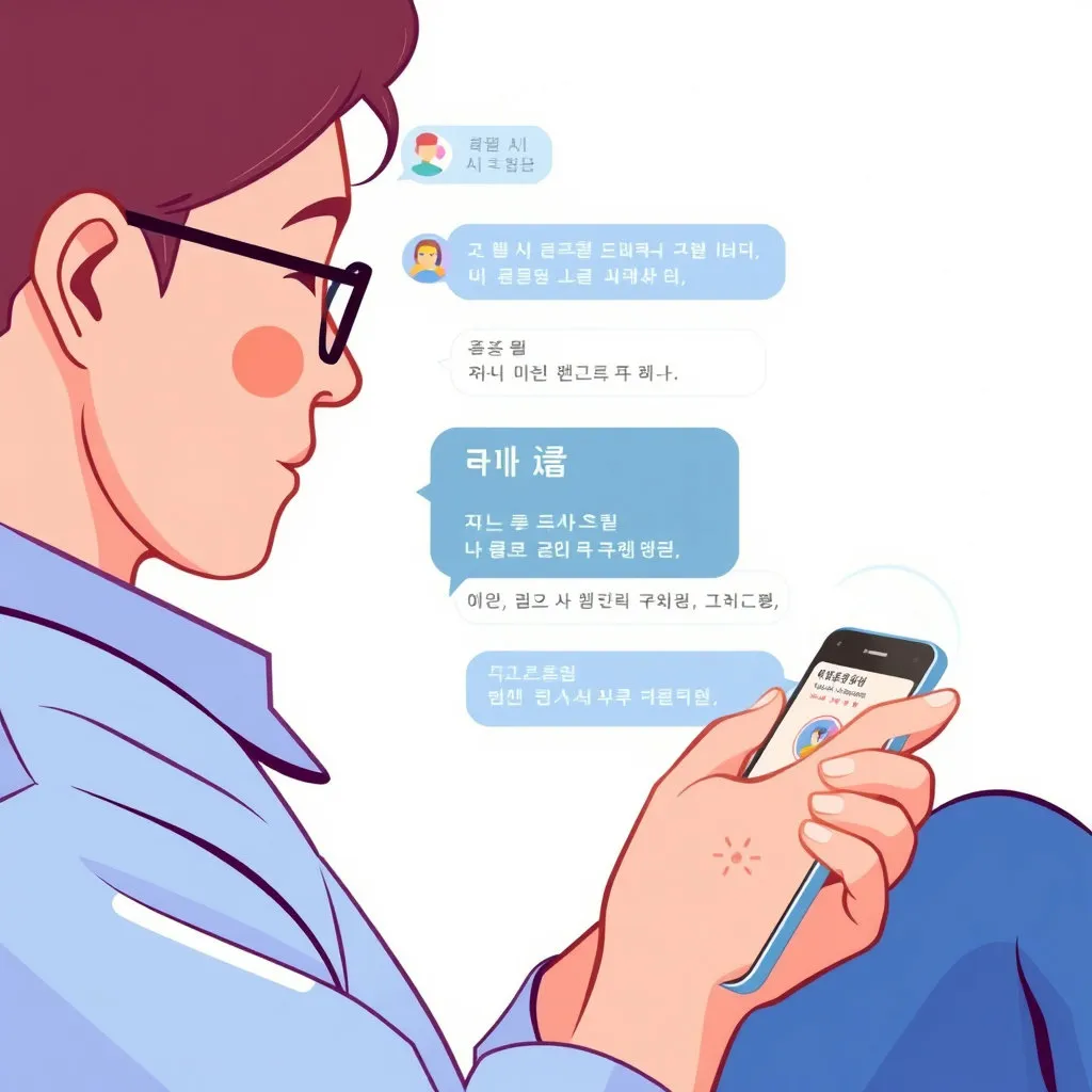 챗GPT와 같은 AI 기술을 활용하여 읽지 않은 메시지를 요약하거나 , 대화 내용을 파악해 유용한 정보를 안내하는 장면을 일러스트로 표현합니다. 채팅창 안에 AI 아이콘이 활성화되어 있는 모습이 좋습니다.