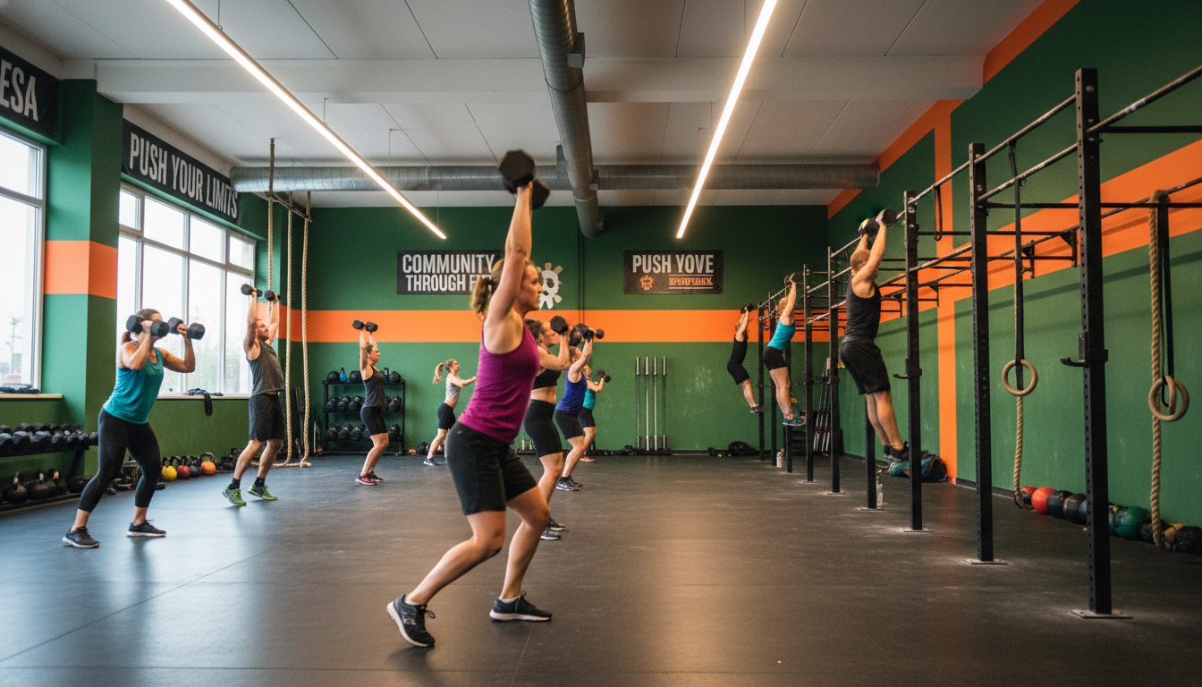 다양한 레벨의 선수들이 덤벨 스러스터, 풀업, 버피 박스 점프 오버를 수행하며 2026 크로스핏 오픈 26.1 와드에 참여하는 활기찬 모습.