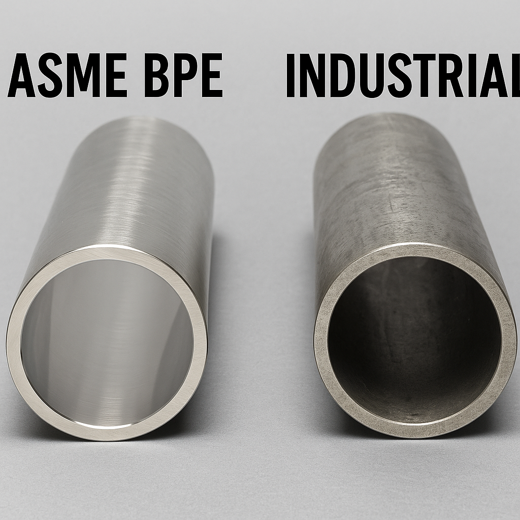 Comparison of ASME BPE and industrial piping surfaces highlighting Ra roughness differences