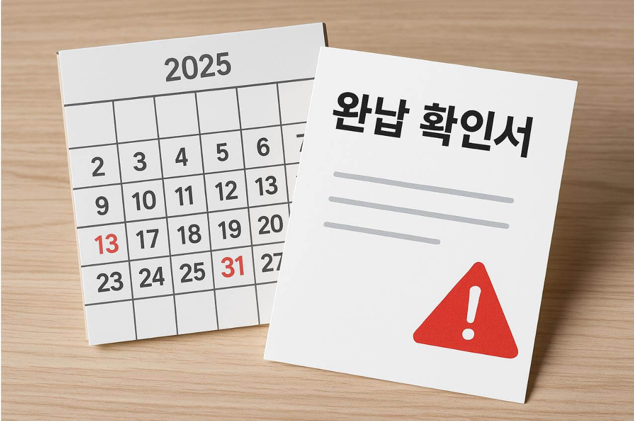 달력 12월 31일과 완납 확인서, 빨간 경고 아이콘