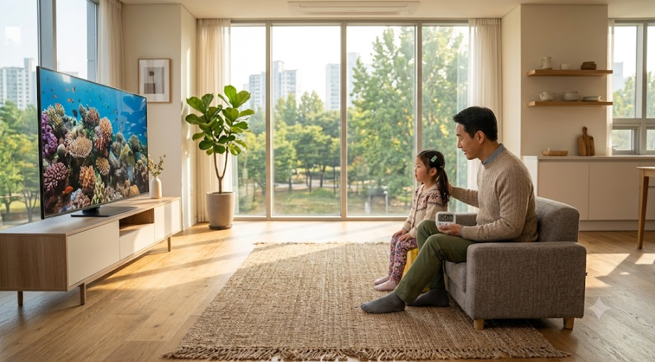 5세 자녀가 거실 대형 TV 앞에서 소파 등받이에 엉덩이를 바짝 붙여 앉은 바른 자세와 3M 이상의 안전거리를 유지하도록 물리적 방어선을 치고, 타이머로 미디어 시청 시간을 이성적으로 통제하는 육아휴직 직장인 아빠의 소아 시력 건강 관리 일러스트 이미지