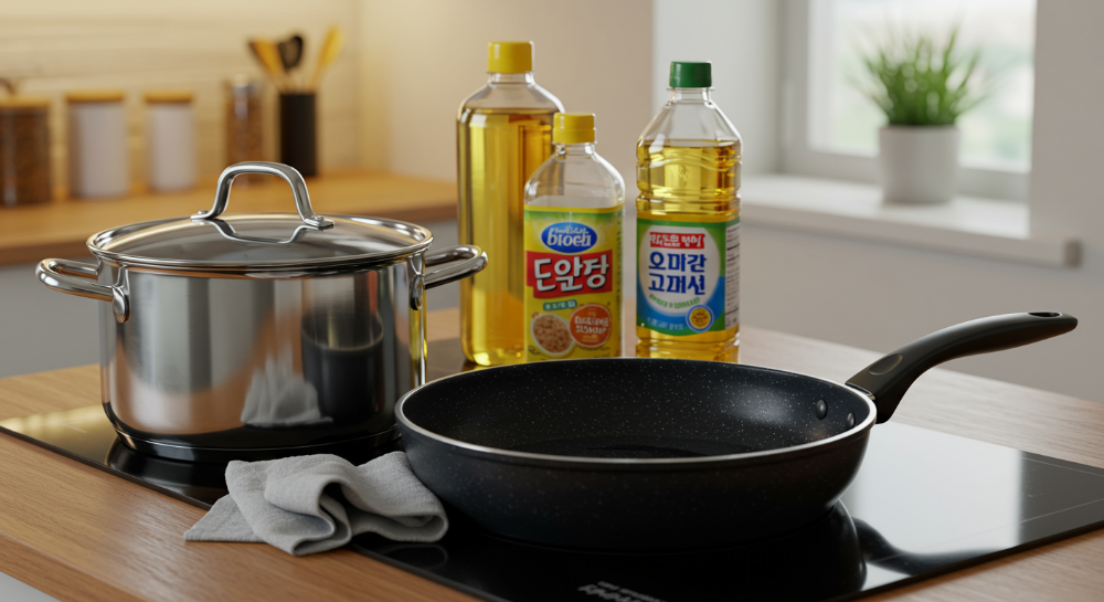 새로 세척한 깨끗한 주방용품과 연마제 제거에 사용되는 식용유, 베이킹소다, 식초가 놓여 있는 모습.