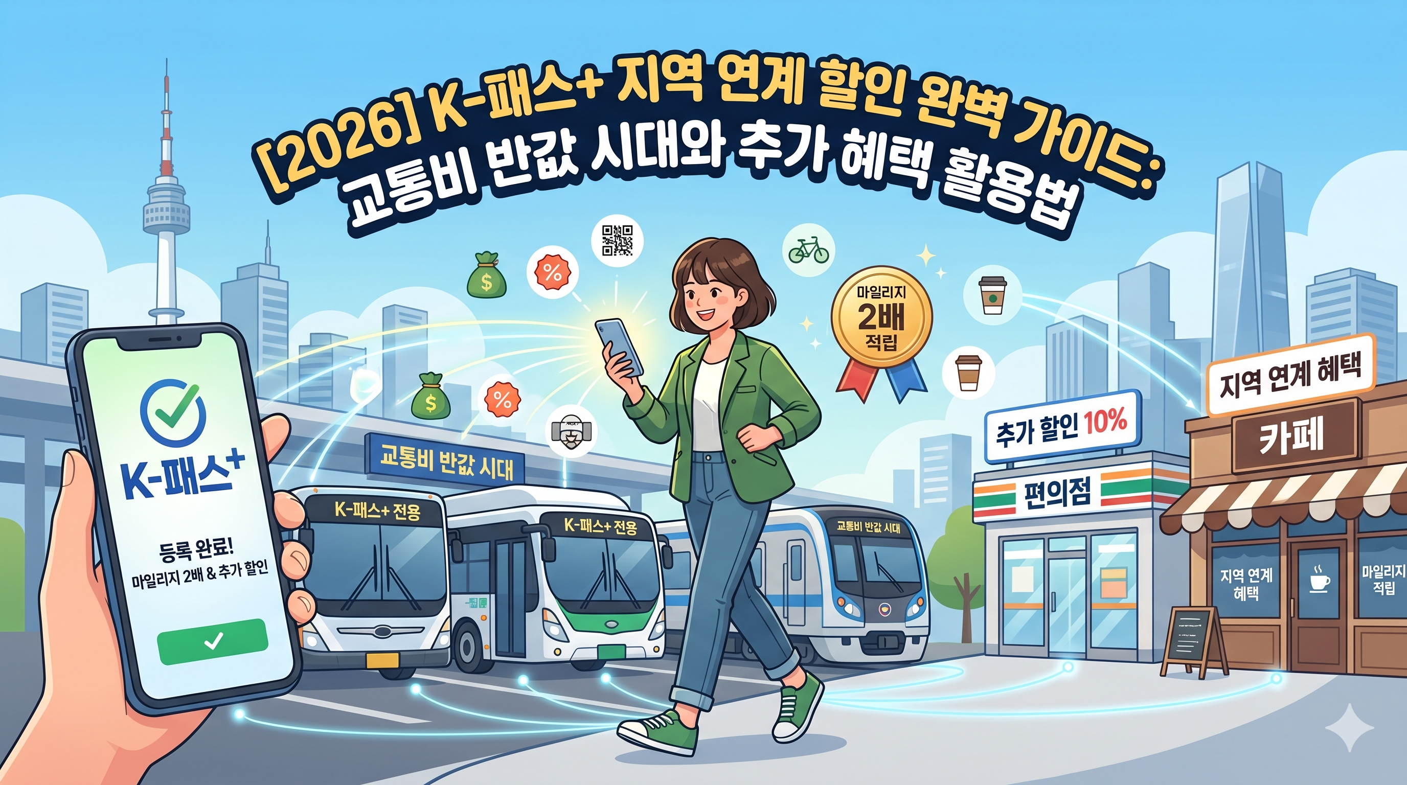 2026년 업그레이드된 K-패스+(플러스) 대중교통 마일리지 2배 적립 방법 및 지역 편의점 카페 추가 할인 혜택 활용 가이드 일러스트