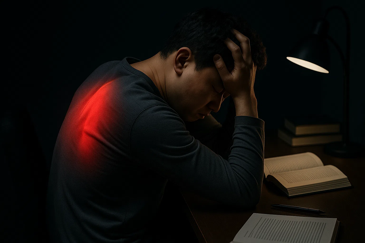 늦은 밤 책상 앞에 앉아 스트레스로 머리를 감싸쥐고, 뒤쪽 오른쪽 등 근육이 붉게 강조된 모습