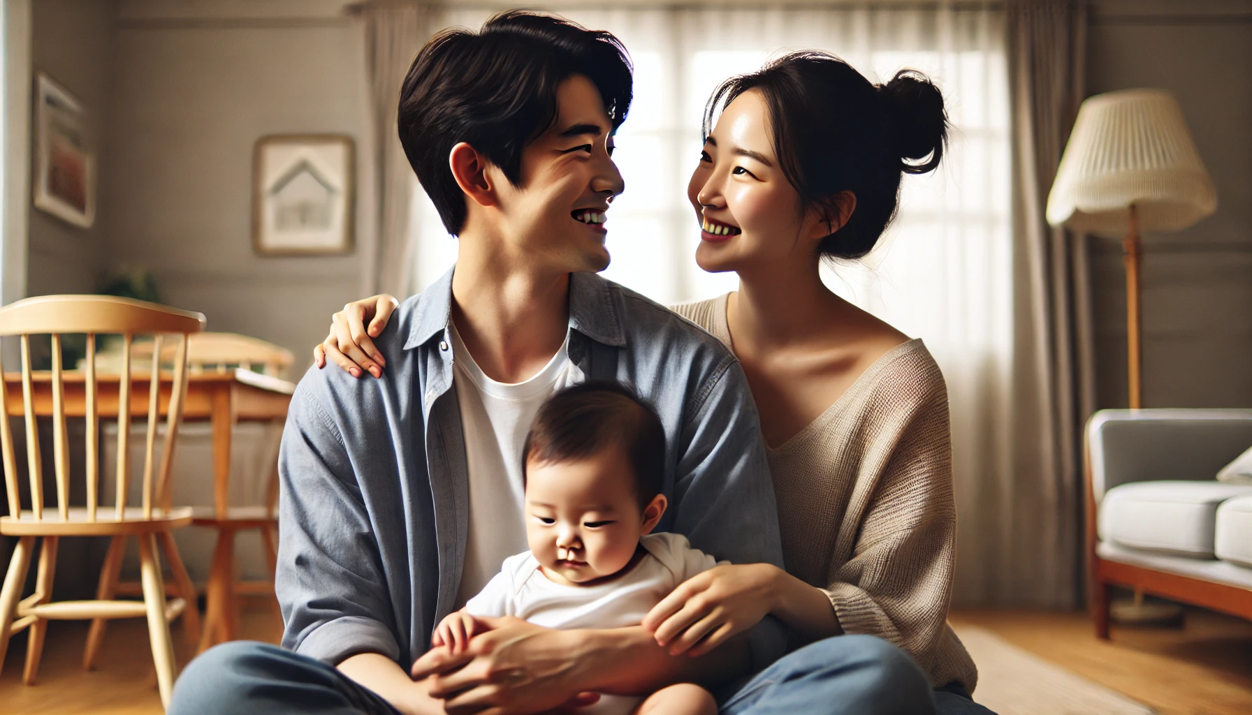 한국,-실내,-아기를-사이에-두고-마주본-30대-엄마-아빠-웃고있는,- 가로사진-02