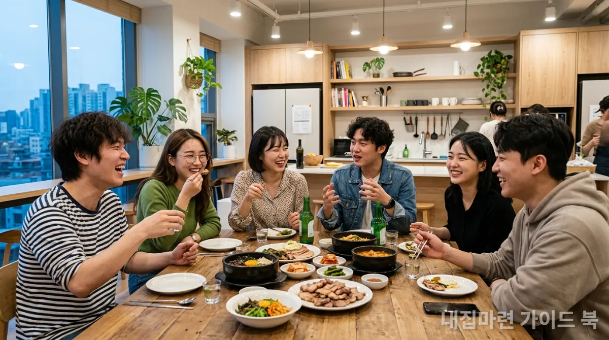 코리빙 하우스의 공용 주방에서 함께 식사하며 즐겁게 대화하는 젊은 한국인들