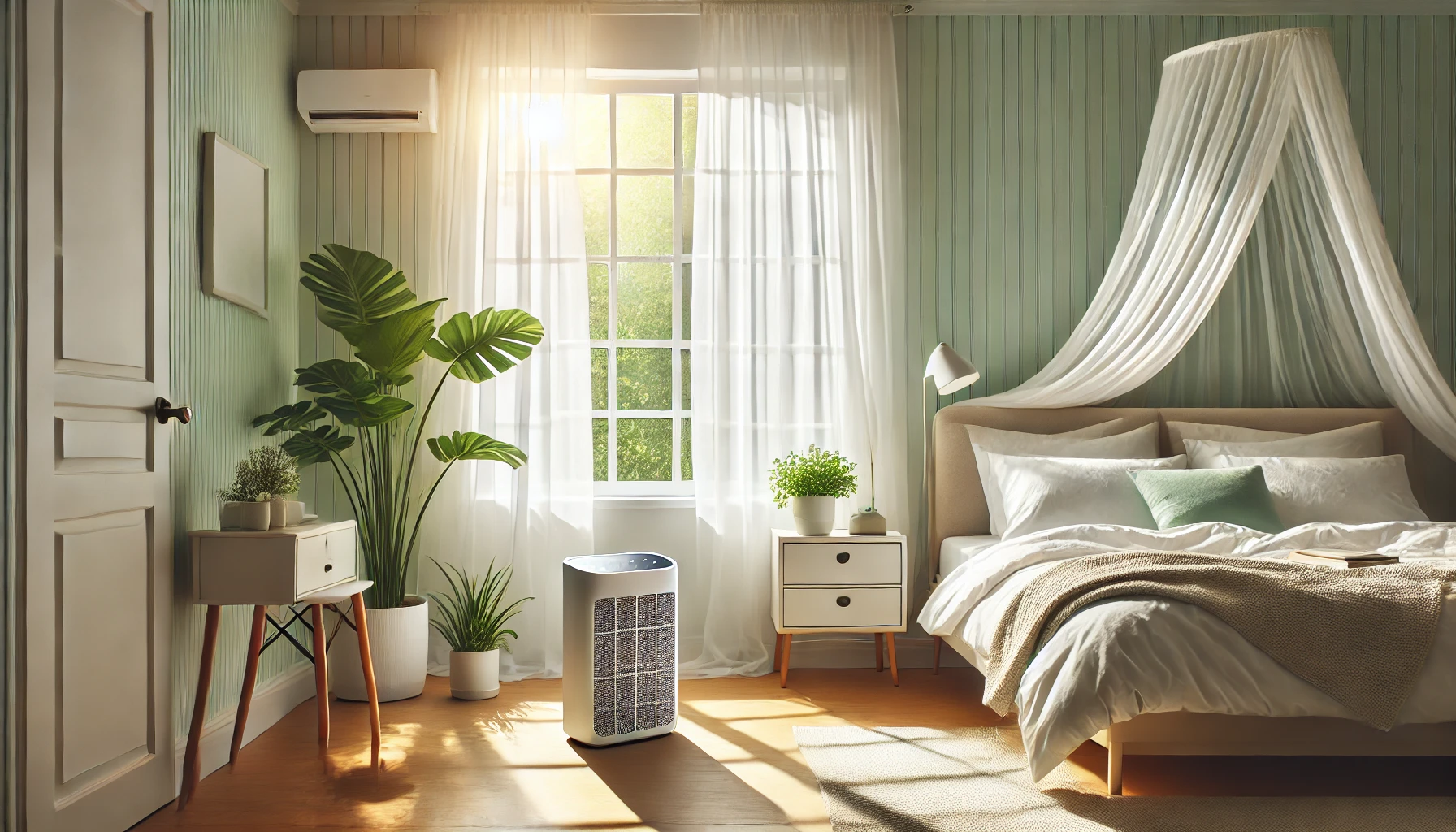 봄 햇살이 들어오는 밝은 침실, 커튼이 바람에 살짝 날리며 창문은 열려있음. 침구는 가지런히 정리되어 있고 침대 옆 탁자에는 초록 식물과 공기청정기가 있는 공간