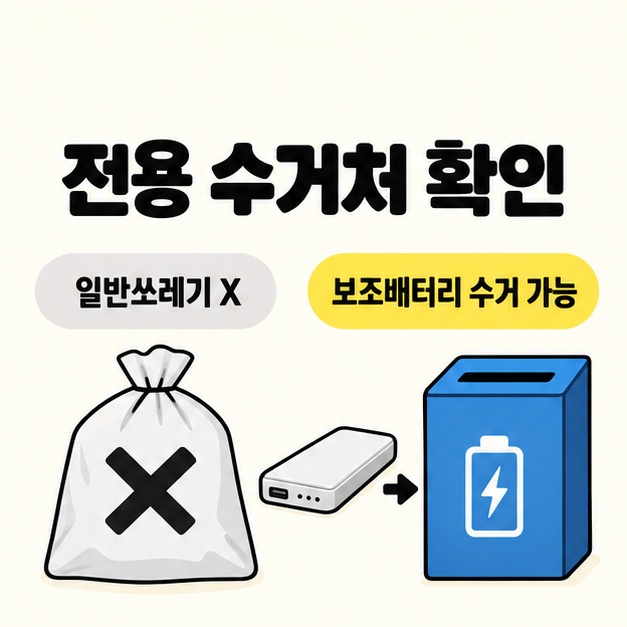 일반쓰레기 배출 금지와 보조배터리를 받는 전용 수거함 확인을 비교한 안내
