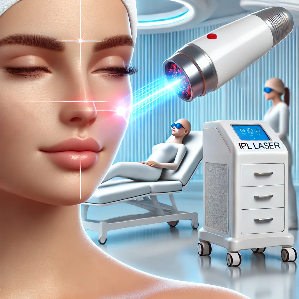 클리닉에서 얼굴 색소를 치료하는 IPL 레이저 시술 모습. 레이저 장치가 피부에 빛을 조사하는 장면