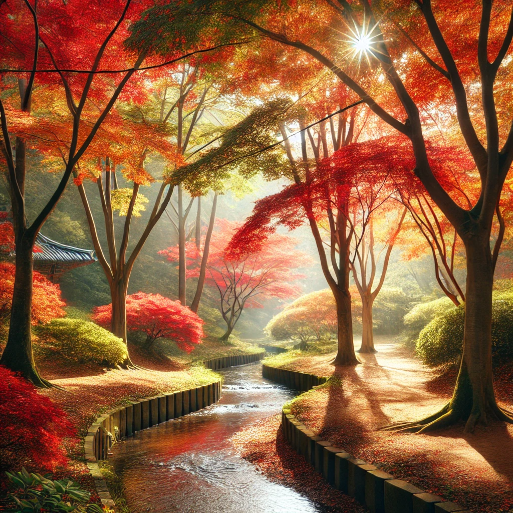 순천만 국가정원의 가을 풍경. 빨강, 주황, 노랑의 단풍나무가 산책로를 따라 늘어서 있고, 따스한 햇살이 나뭇잎 사이로 비치며 잔잔한 시냇물이 흐르는 평화로운 가을 정원.