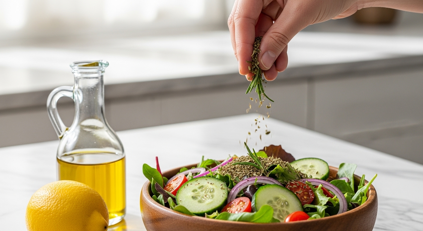 천연 허브와 레몬즙으로 맛을 낸 신선한 샐러드. 저염식에 활용되는 다양한 향신료와 재료들.
