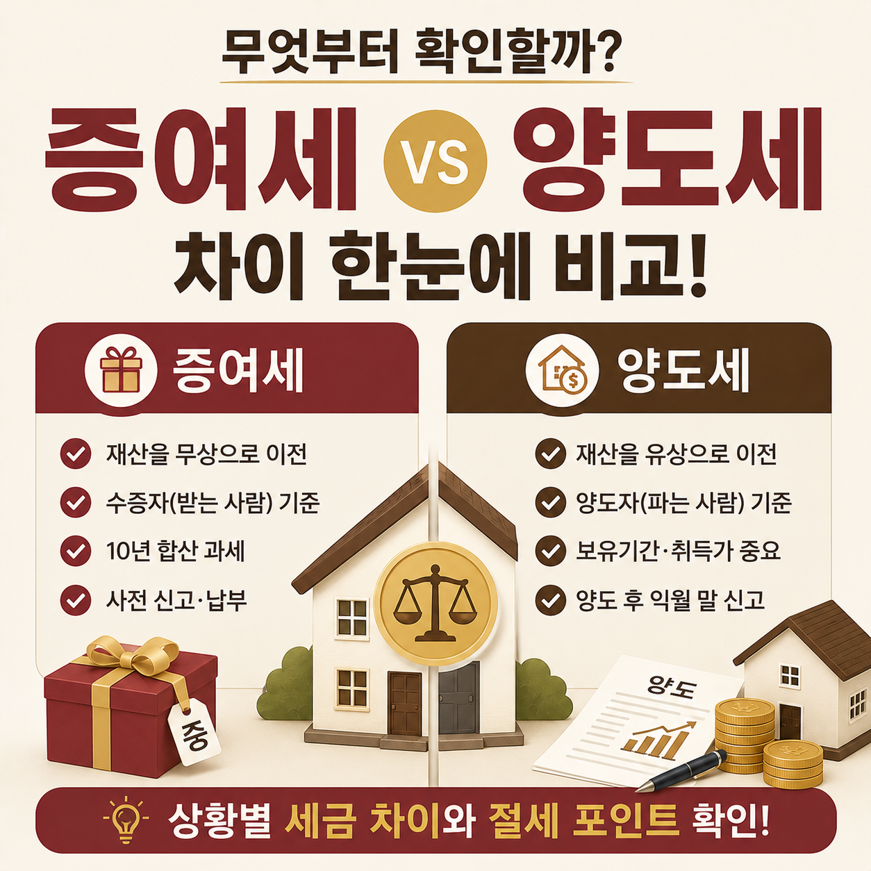 증여세와 양도세 차이를 비교하는 부동산 세금 이미지