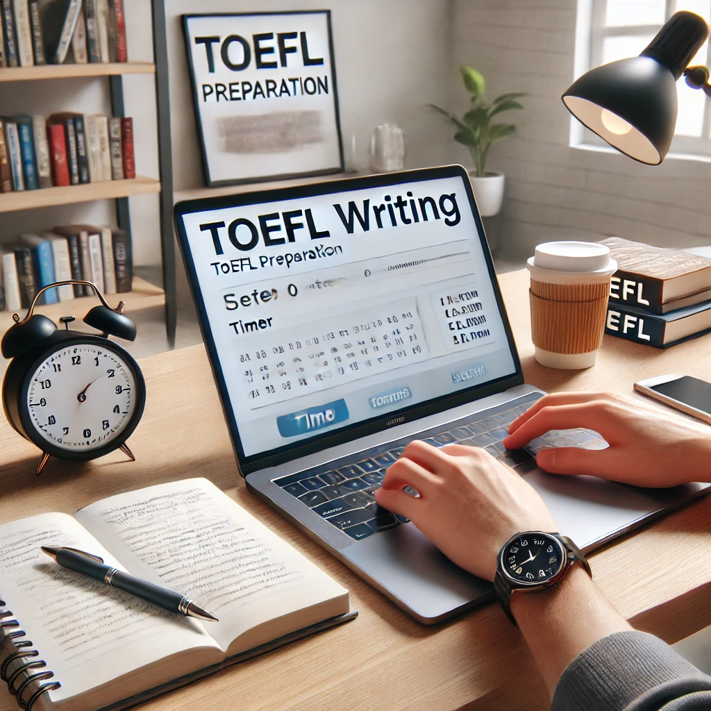 토플 라이팅 연습을 위해 노트북과 노트로 글을 작성하는 학생, 밝고 단순한 공부 공간