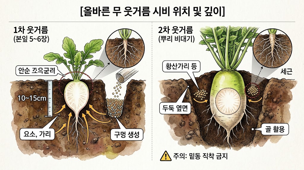 무 포기 중심으로부터 거리별 뿌리 퍼짐 정도와 비료를 넣어주어야 하는 안전 구역을 나타낸 인포그래픽