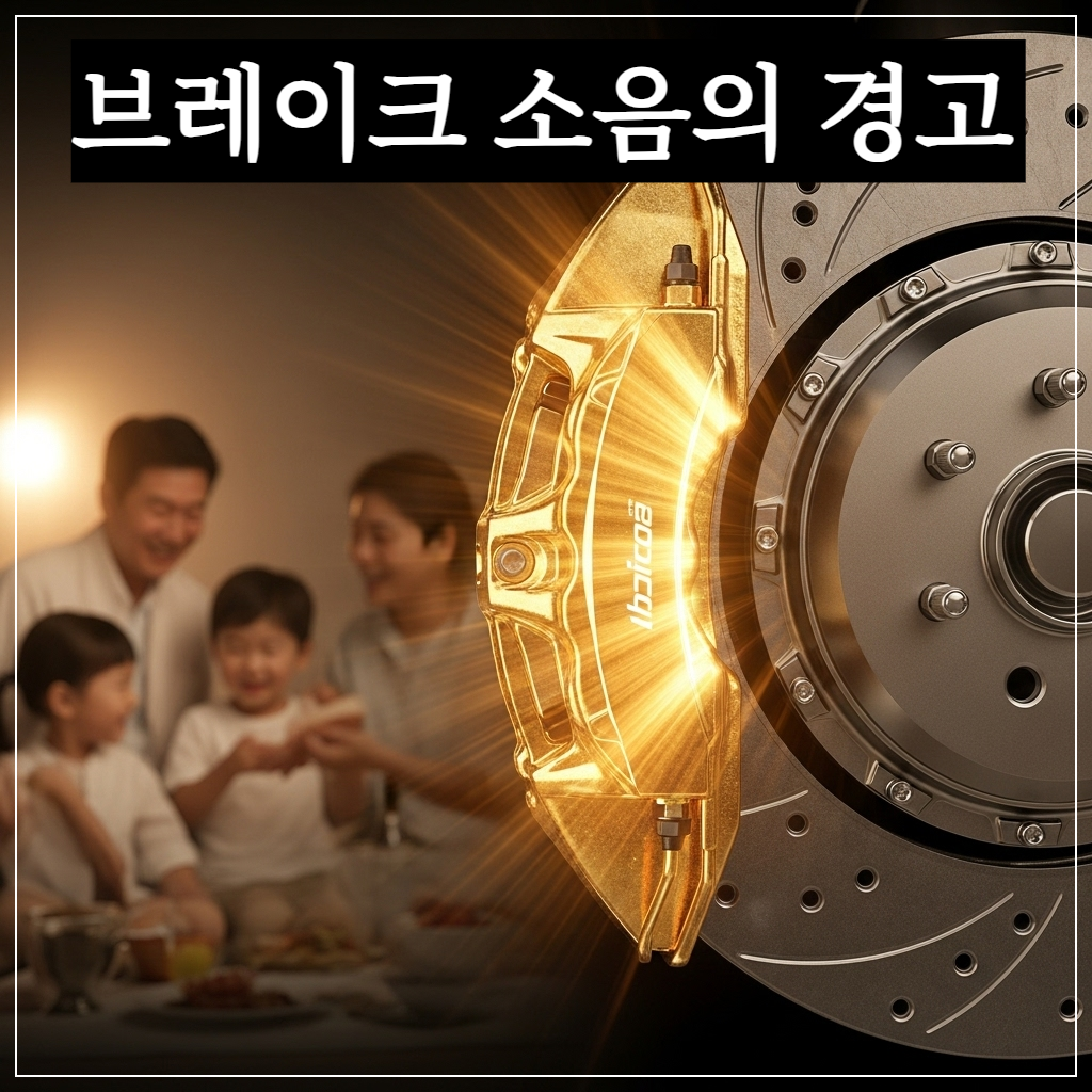 고급스러운 자동차 휠 사이로 보이는 깨끗한 브레이크 캘리퍼와 패드 부분에 황금빛 아우라가 감돌고 있는 모습. 배경에는 행복하게 웃고 있는 가족의 실루엣이 겹쳐져 있으며, 전체적으로 따뜻하고 신뢰감 있는 분위기의 고화질 사진