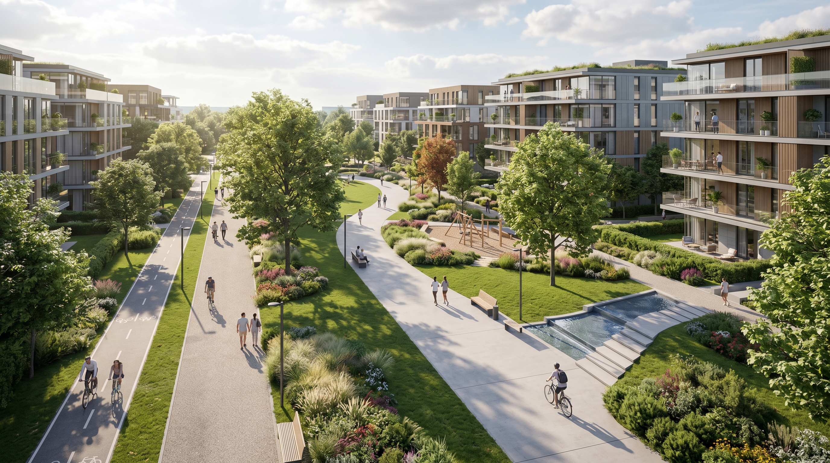 A beautiful, level urban park integrated with a modern residential area. Wide, smooth pathways for walking and cycling. The layout is expansive and barrier-free. Sunlight filtering through leaves, creating a peaceful and high-end residential atmosphere. Architectural rendering style.