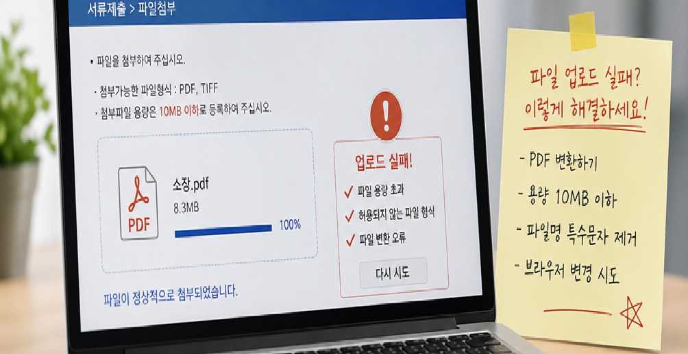 전자소송 파일 첨부 중 '업로드 실패' 메시지가 뜬 노트북 화면과 해결 방법이 적힌 노란색 포스트잇 이미지