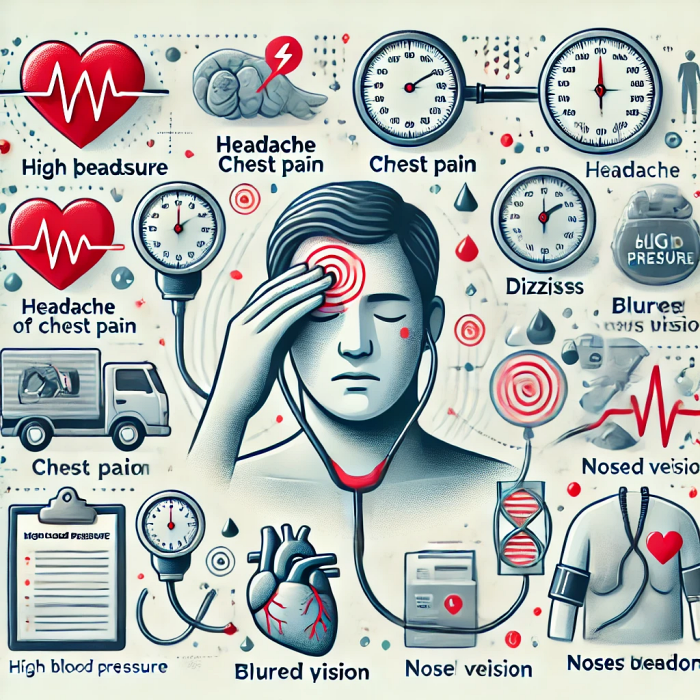 고혈압 증상을 나타내는 인포그래픽&amp;#44; 두통&amp;#44; 어지럼증&amp;#44; 가슴 통증&amp;#44; 시야 흐림&amp;#44; 코피 등을 설명하는 아이콘 포함.