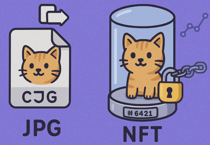 ‘NFT는 진위를 증명하는 디지털 인증서’라는 문구가 포함된 웹배너 이미지. 이 이미지는 JPG 파일과 NFT 자산의 시각적 차이를 통해 디지털 자산의 진위성, 고유성, 소유권을 설명하며, 블로그의 NFT 개념 설명 주제와 관련된 내용을 효과적으로 전달함 (NFT, digital ownership, authenticity).