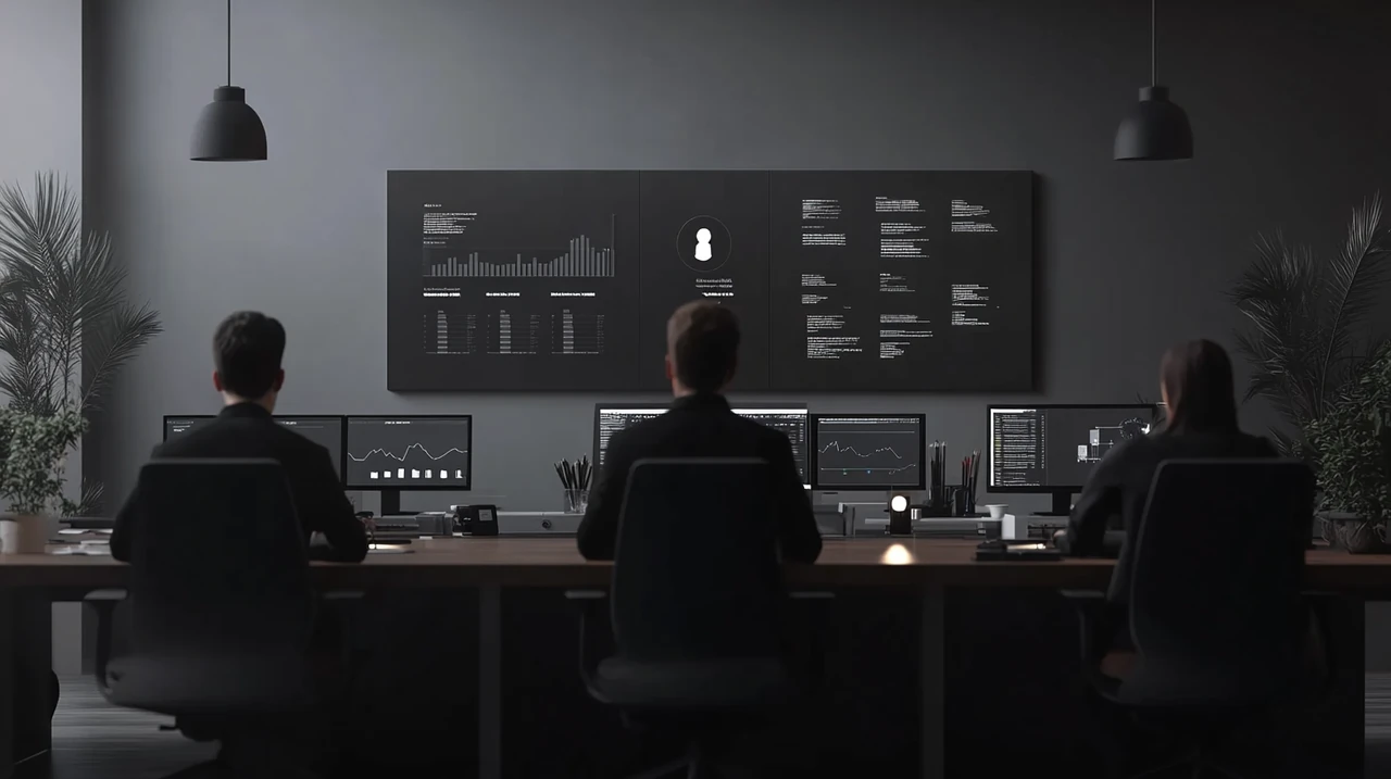 건설주와 AI 반도체 주식에 집중하는 포트폴리오를 디지털 인터페이스로 분석하는 현대적 사무실에서의 투자자들