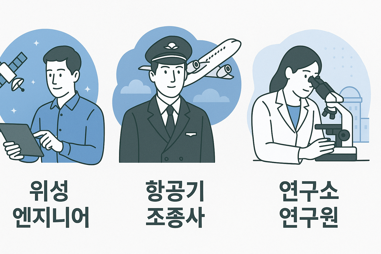위성을 점검하는 위성 엔지니어 일러스트", "비행기를 배경으로 한 항공기 조종사 이미지", "현미경으로 실험하는 연구소 연구원 일러스트