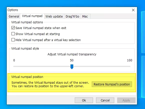 프로그램 창 또는 가상 숫자 패드가 모니터 화면 밖으로 이탈 시 위치 복원 버튼 클릭하여 문제 해결