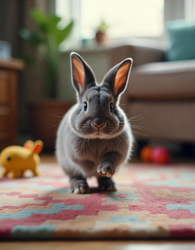 반려 토끼가 거실에서 놀고있다