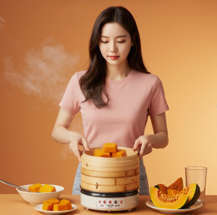 단호박을 찜기에 넣는 모습.