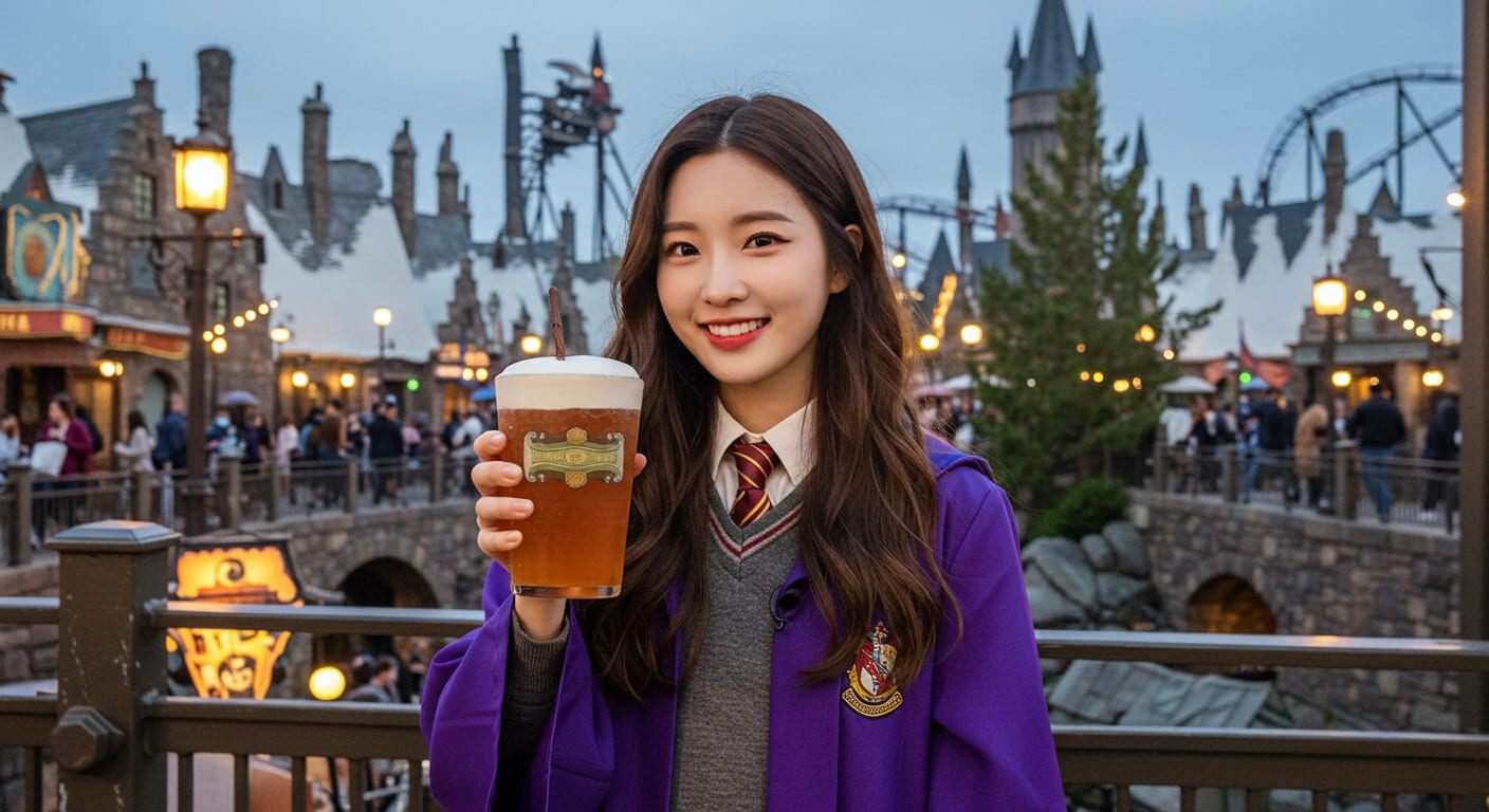 테마파크에서 마법사 망토를 입고 버터맥주를 든 귀여운 한국인 여성