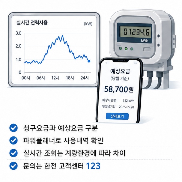 청구가 확정된 전기요금과 현재 사용량을 이용한 예상요금이 서로 다르며 실시간 전기사용내역은 이용환경에 따라 별도 서비스에서 확인할 수 있음을 보여 주는 그림