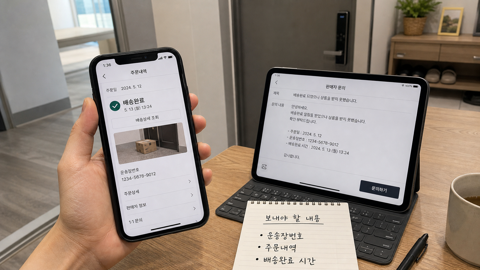 배송완료 택배가 보이지 않을 때 주문내역과 배송완료 화면을 캡처해두는 장면