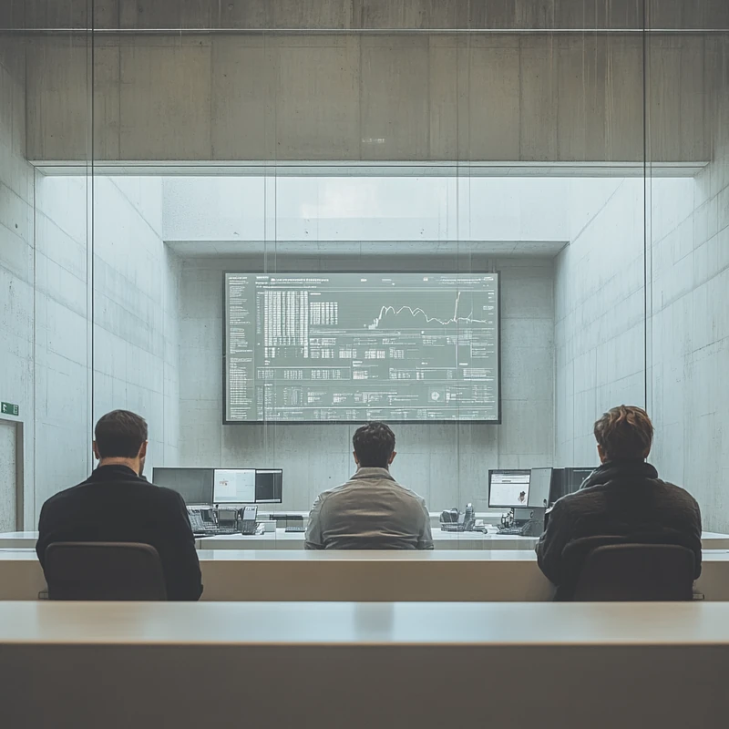 세련된 사무실에서 2025년 ETF 추천 목록을 주의 깊게 살펴보는 투자자들의 모습이 보여진다. 투자 전략, 재정적 성장, 하이테크 트렌드와 관련된 현대적이고 세밀한 환경을 구성한다.