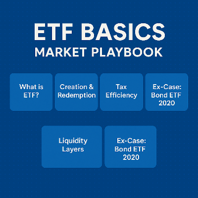 Infographic summarizing ETF basics creation redemption tax and liquidity