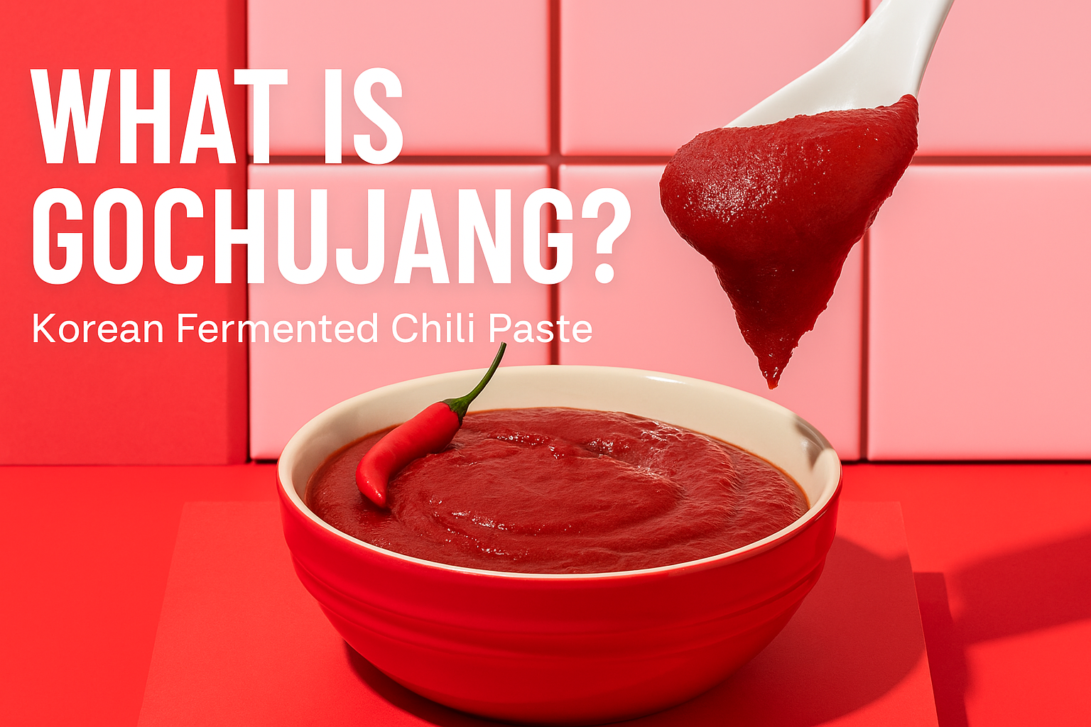 Gochujang in a red bowl with a red chili pepper on top and a spoonful lifted &mdash; Korean fermented chili paste