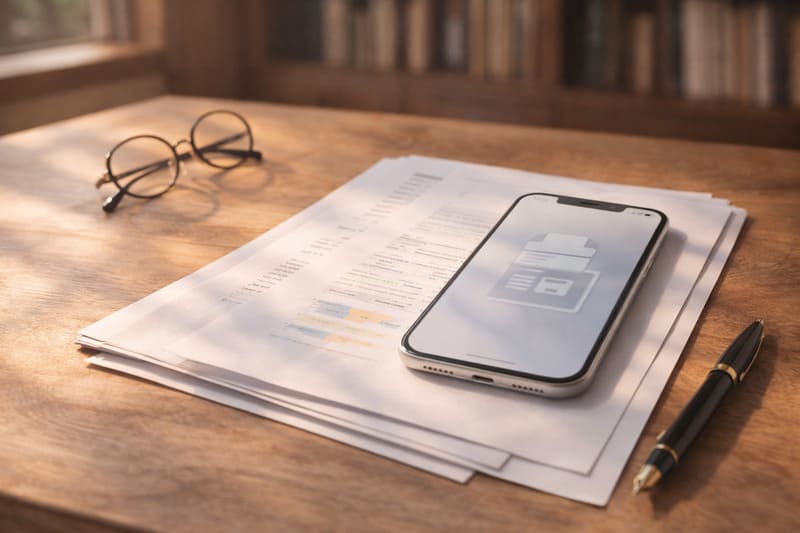 나무 책상 위에 놓인 서류 더미, 안경, 펜, 그리고 팩스 아이콘이 보이는 스마트폰, 중년의 차분한 디지털 업무 환경.