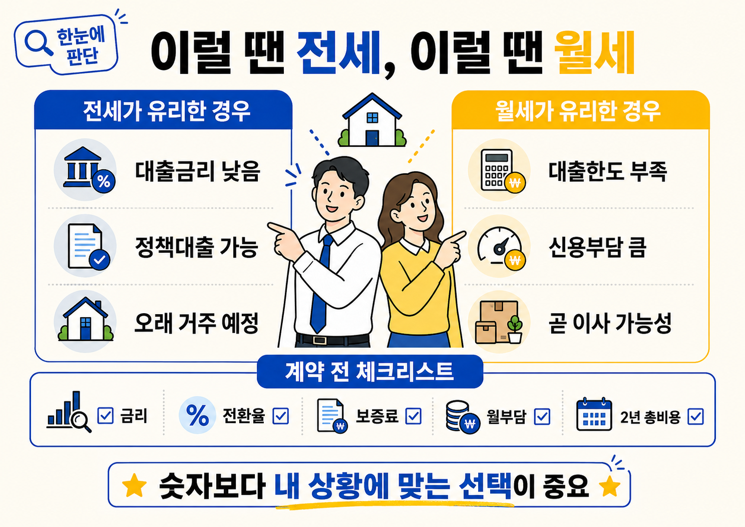 전세가 유리한 경우와 월세가 유리한 경우를 비교한 안내 이미지로, 전세는 대출금리가 낮고 정책대출이 가능하며 오래 거주할 예정일 때 유리하고, 월세는 대출한도가 부족하거나 신용부담이 크고 곧 이사할 가능성이 있을 때 유리하다는 내용을 담고 있다.