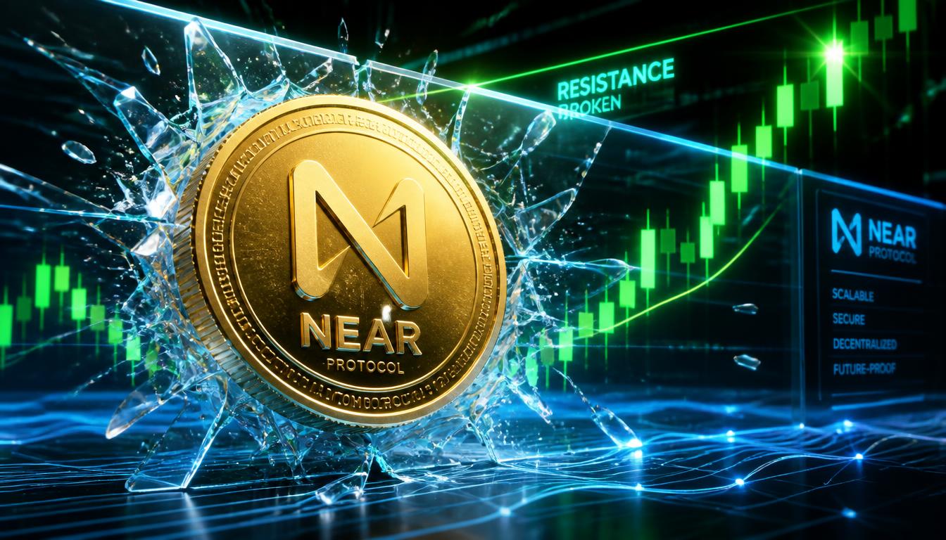 3D NEAR Protocol coin breaking through a glowing digital glass resistance line with green chart candles in the background.