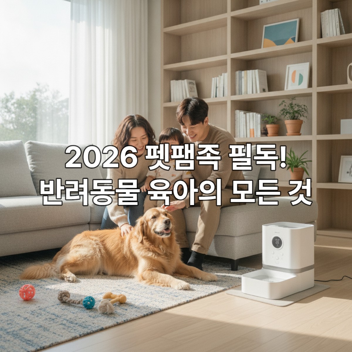 거실에서 행복하게 반려견과 교감하는 한국인 가족의 모습. 현대적인 공간에서 아이와 부모가 반려견과 함께 편안한 시간을 보내고 있다.