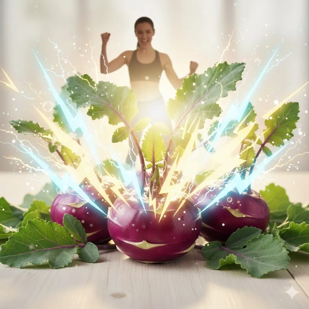 콜라비를 섭취한 후 마치 에너지가 충전되는 듯한 젊은 남성 또는 여성의 활기찬 모습을 담습니다. 주변에 번개 모양이나 밝은 오라가 콜라비에서 뿜어져 나와 에너지를 상징합니다. 