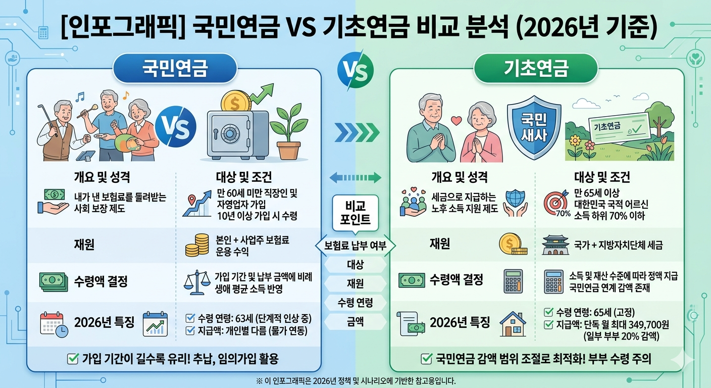 국민연금 vs 기초연금, 52만 원 넘으면 기초연금 반토막? 2배로 받는 2026 최적화 전략!!