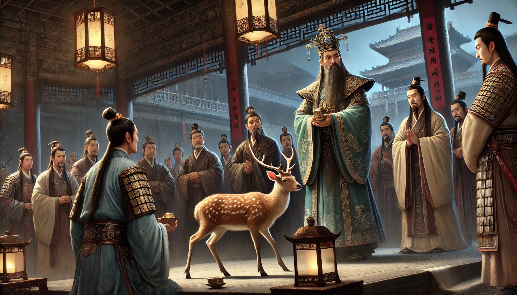 지록위마 환관 조고가 사슴을 말이라 하고 있다