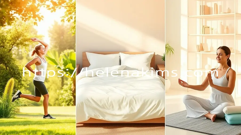 규칙적인 운동, 편안한 수면, 차분한 명상 또는 휴식을 상징하는 세 가지 장면이 한 화면에 조화롭게 배치된 모습.