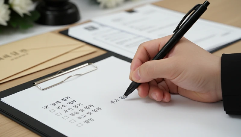 장례 절차 체크리스트에 펜으로 표시하는 한국인의 손. 중요한 절차를 꼼꼼히 확인하는 모습.