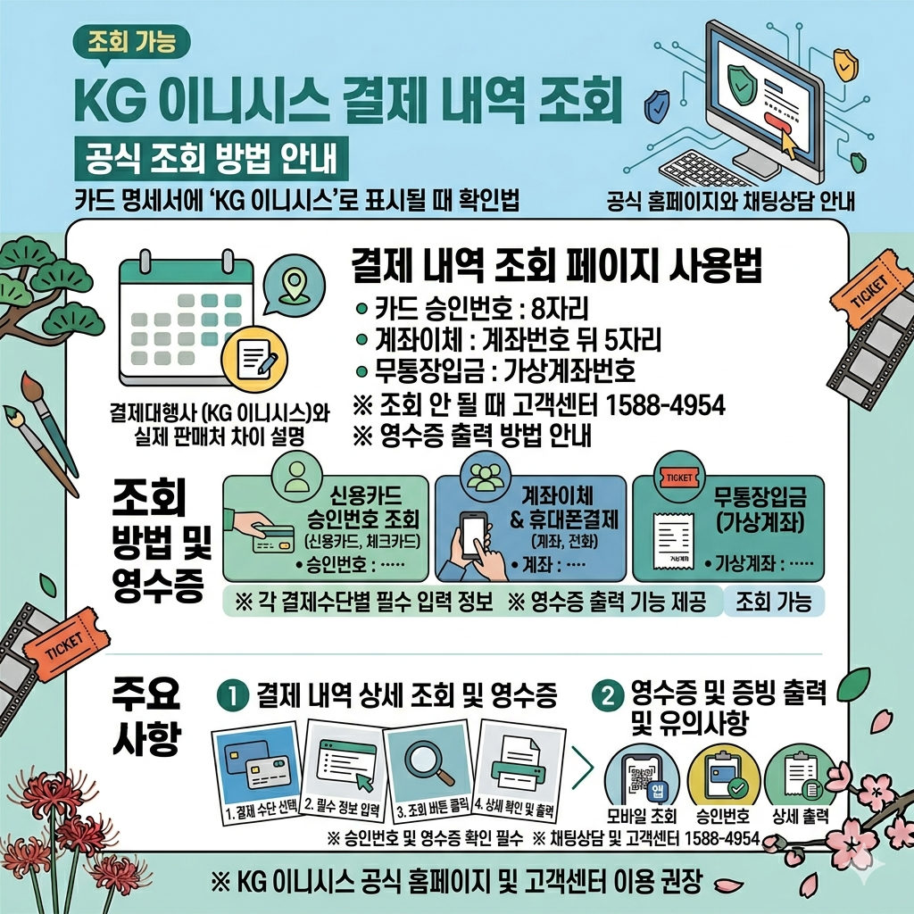 KG 이니시스 결제 내역 조회 방법, 카드 승인번호·영수증 확인 인포그래픽