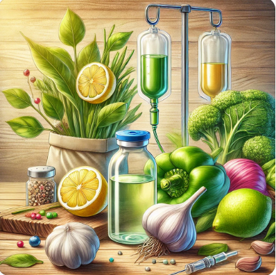 해독 식품과 의료적 접근을 조화롭게 묘사한 장면